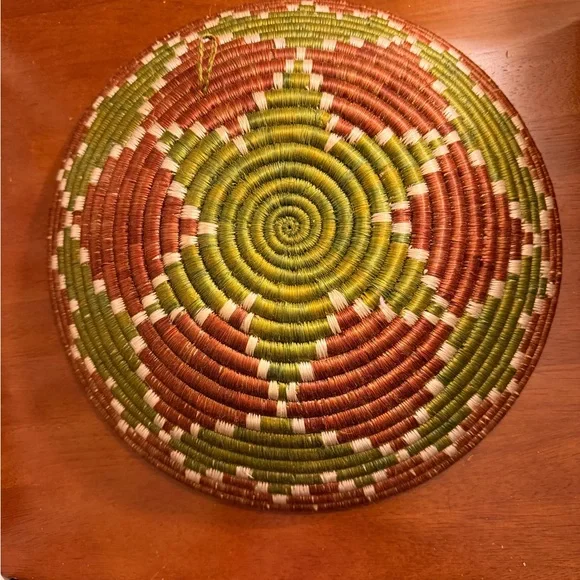 Handwoven Basket with Green and Brown Pattern from Rwanda 12” across 3” deep - Picture 2 of 2